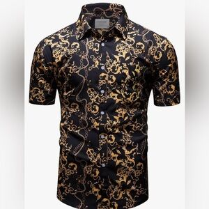 Mens Black Gold Dress Shirts Luxury Short Sleeve Chain Print